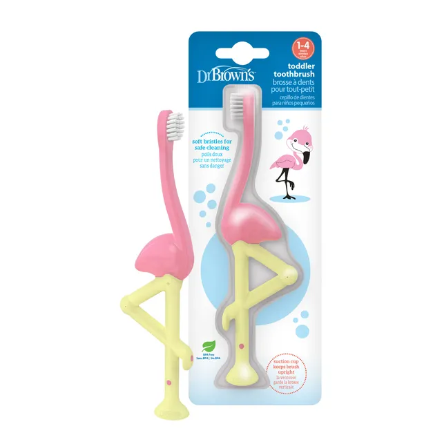 dr-brown-s-flamingo-toddler-toothbrush-soft-bristles-with-suction-cup-base image 1