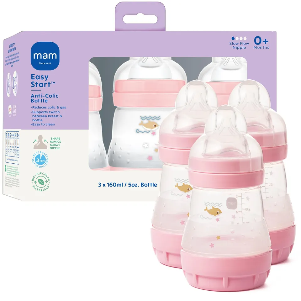 mam-easy-start-anti-colic-baby-bottle-3-pack-5oz-girl-slow-flow-vented-base-redu image 1