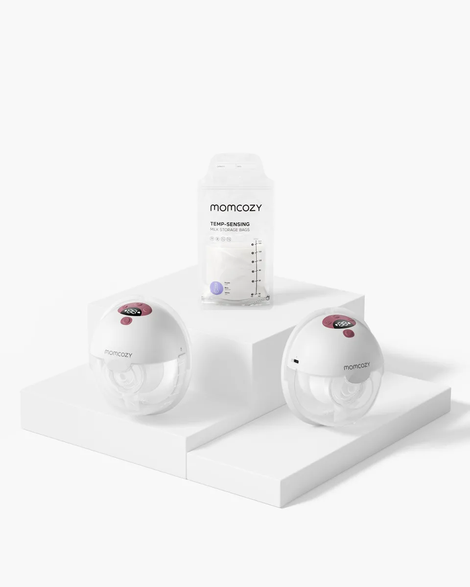 momcozy-m5-smart-double-wearable-breast-pump-120-breastmilk-storage-bags-bundle image 1