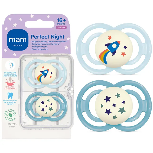 mam-perfect-baby-premium-pacifier-16-months-extra-thin-nipple-glow-in-the-dark-b image 1