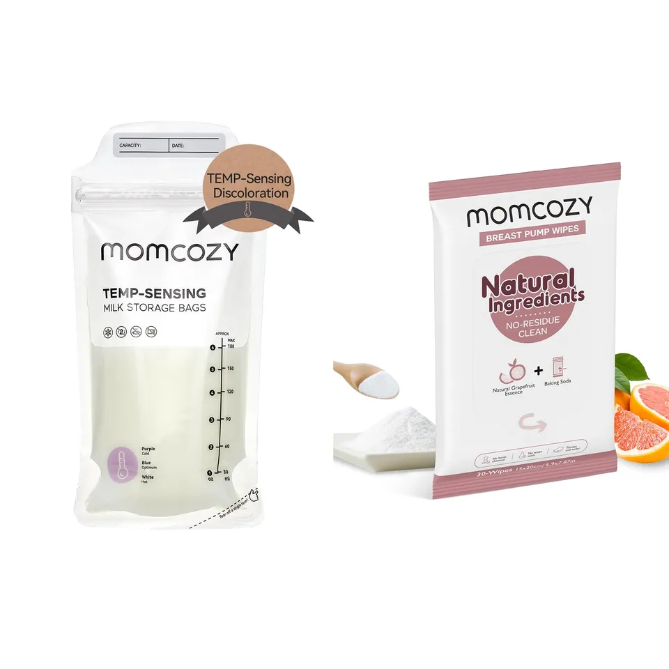 momcozy-breastmilk-storing-bags-natural-breast-pump-wipes-combo-temp-sensing-bag image 1