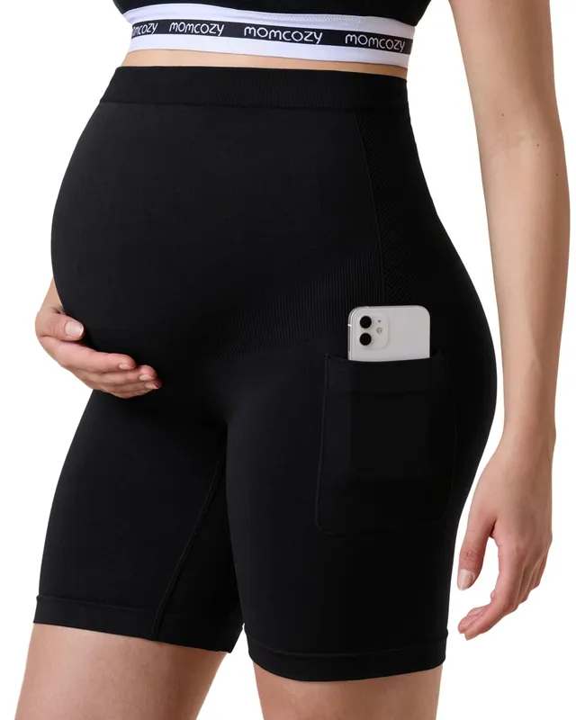 momcozy-women-seamless-knit-maternity-biker-shorts-with-pocket-6-over-belly-high image 1