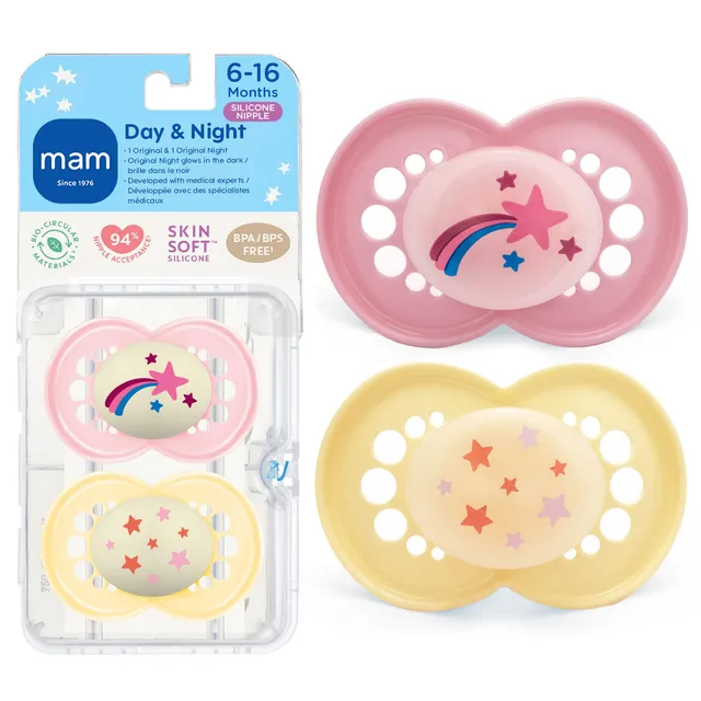 mam-original-baby-pacifiers-6-16-months-glow-in-the-dark-2-pack-with-sterilizer- image 1