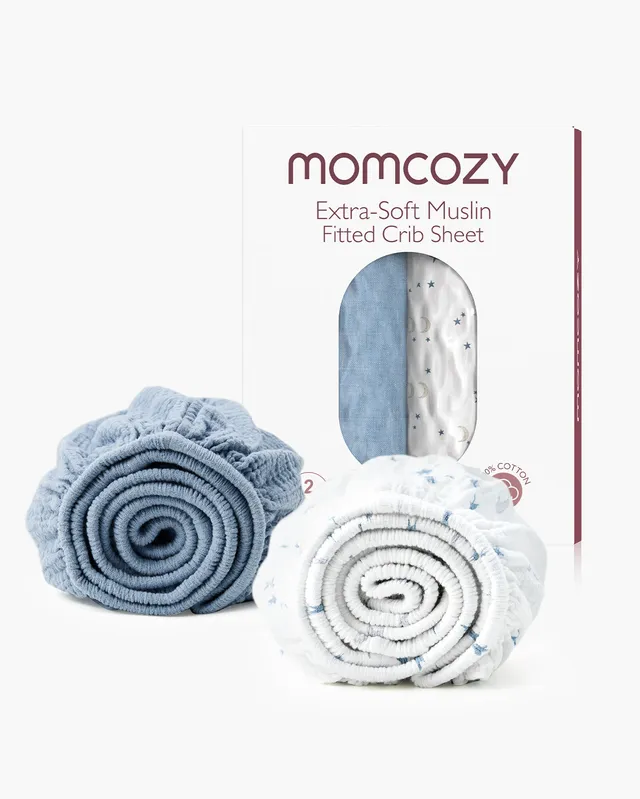 momcozy-muslin-fitted-crib-sheets-2-pack-blue-white-star-moon image 1