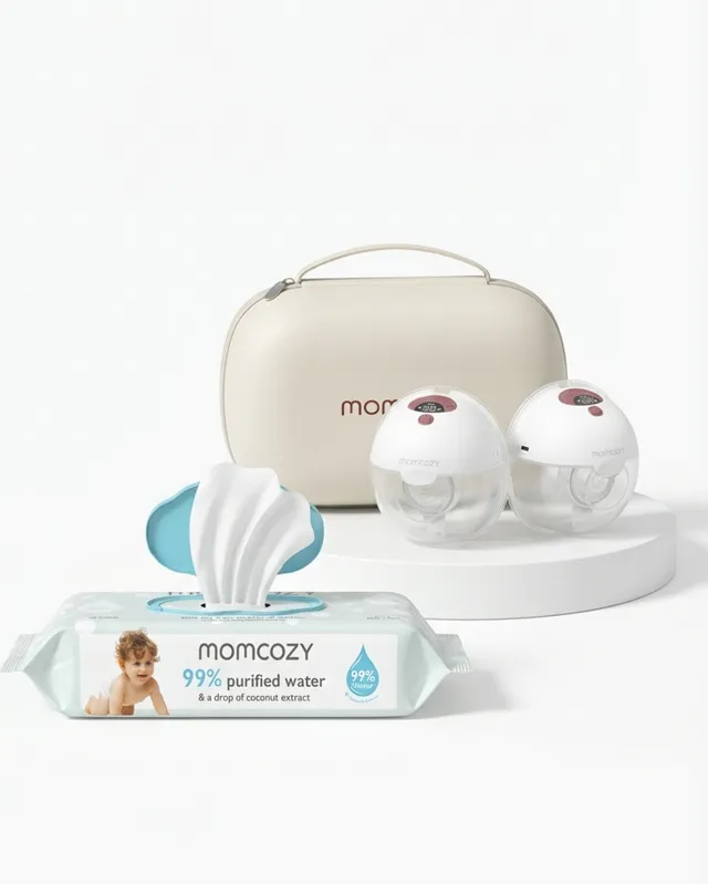 momcozy-m5-smart-wearable-breast-pump-99-water-wipes-set image 1