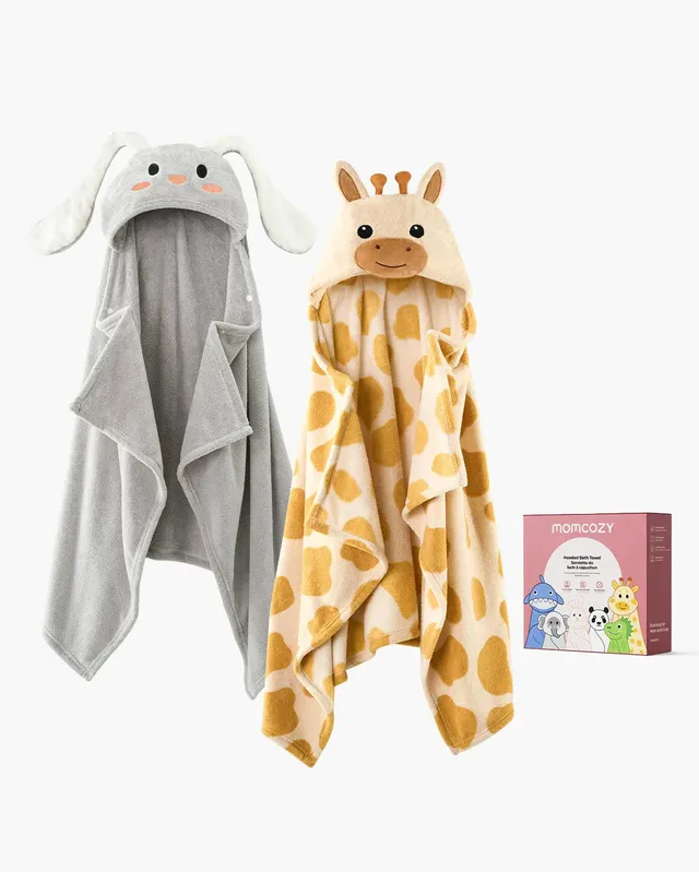 momcozy-coral-fleece-hooded-baby-towel-giraffe-and-rabbit image 1