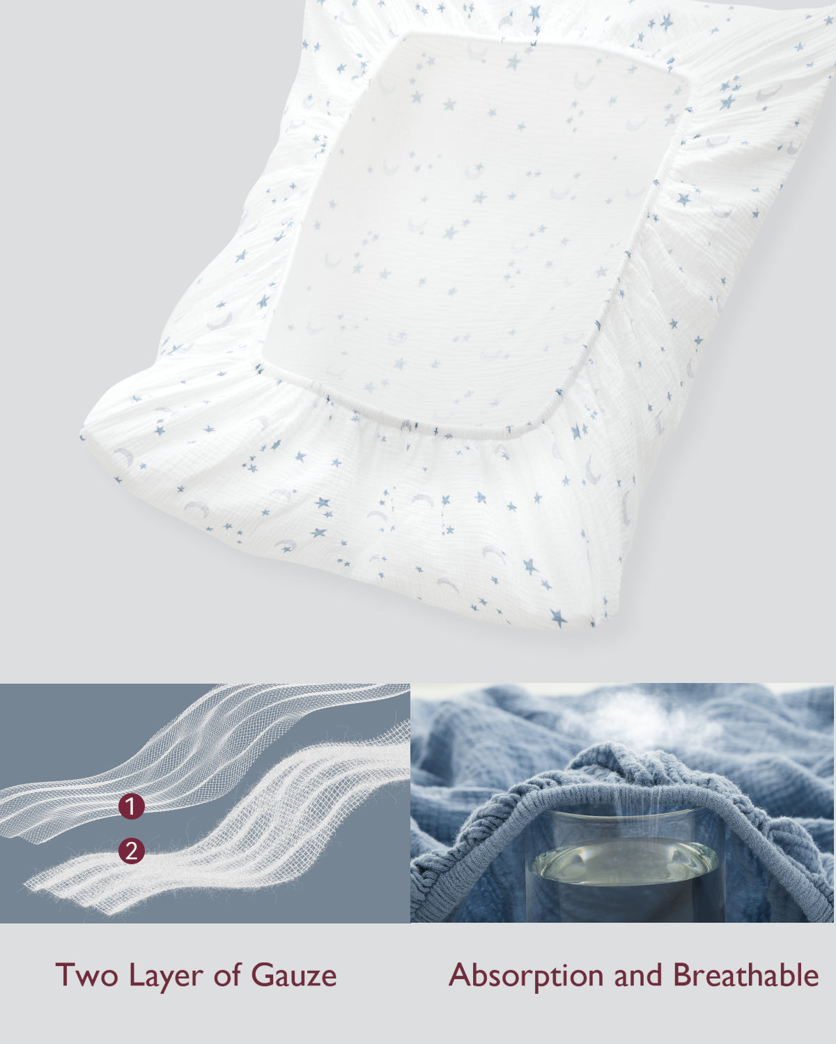 momcozy-muslin-fitted-crib-sheets-2-pack-blue-white-star-moon image 2