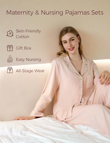 momcozy-postpartum-nursing-pajama-set-2-piece-long-sleeve-v-neck-button-down-cot image 8