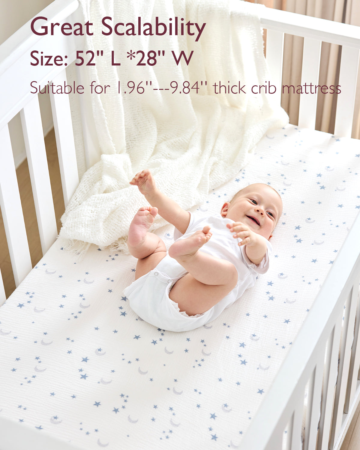 momcozy-muslin-fitted-crib-sheets-2-pack-blue-white-star-moon image 3