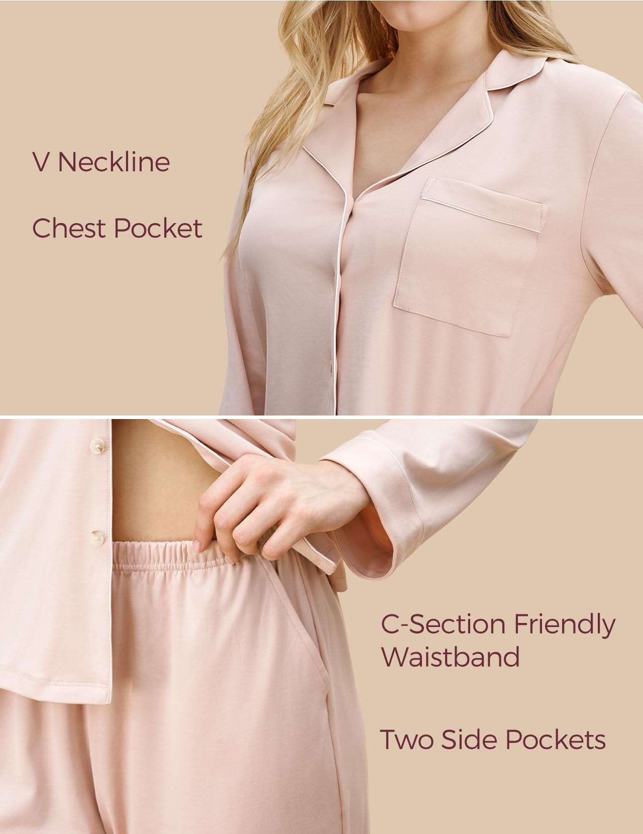 momcozy-postpartum-nursing-pajama-set-2-piece-long-sleeve-v-neck-button-down-cot image 5