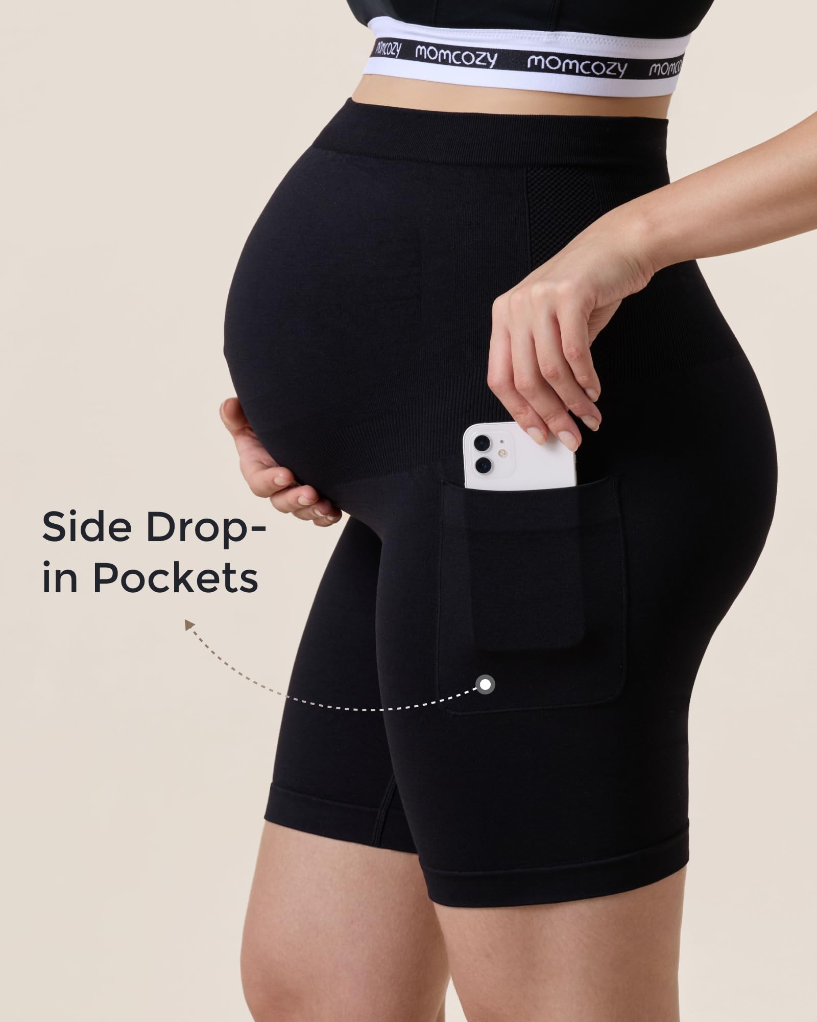 momcozy-women-seamless-knit-maternity-biker-shorts-with-pocket-6-over-belly-high image 6