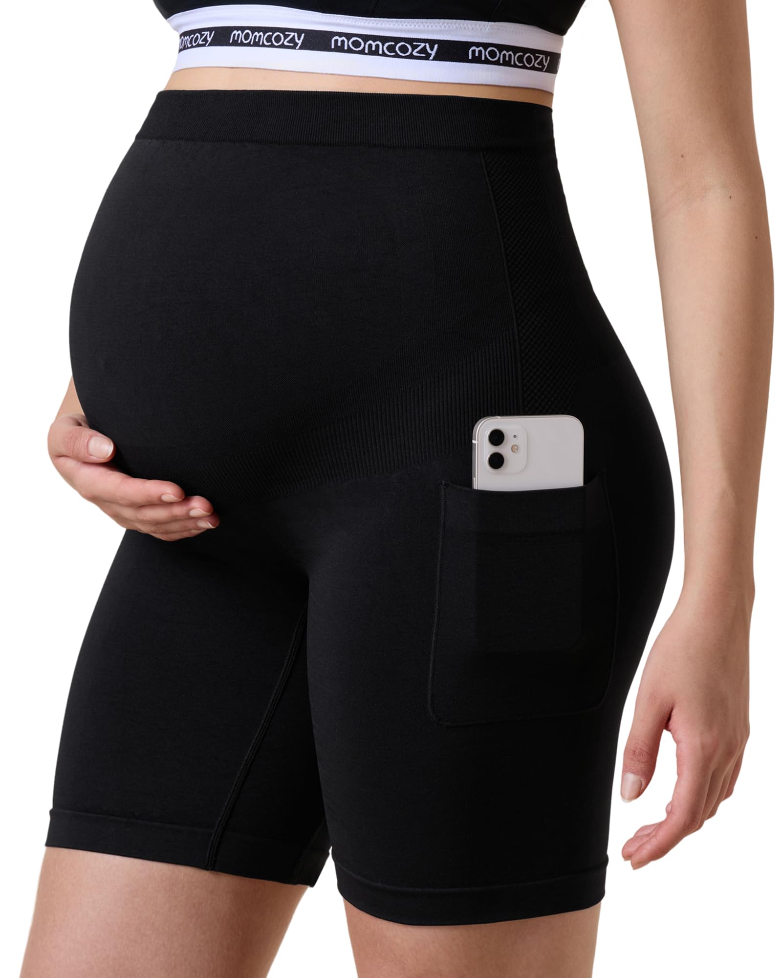 momcozy-women-seamless-knit-maternity-biker-shorts-with-pocket-6-over-belly-high image 1