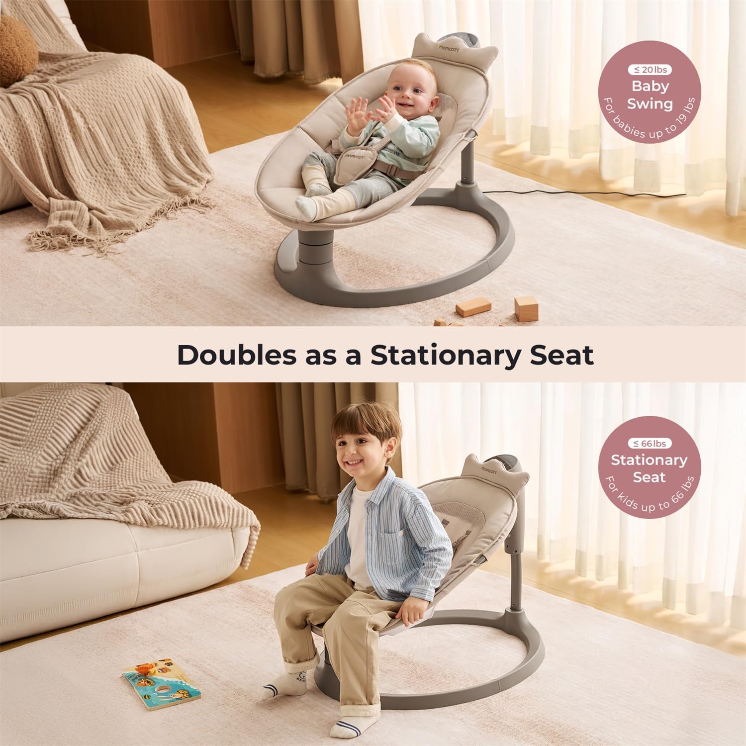 momcozy-2-in-1-electric-baby-swing-with-dual-arm-support-converts-to-toddler-sea image 3