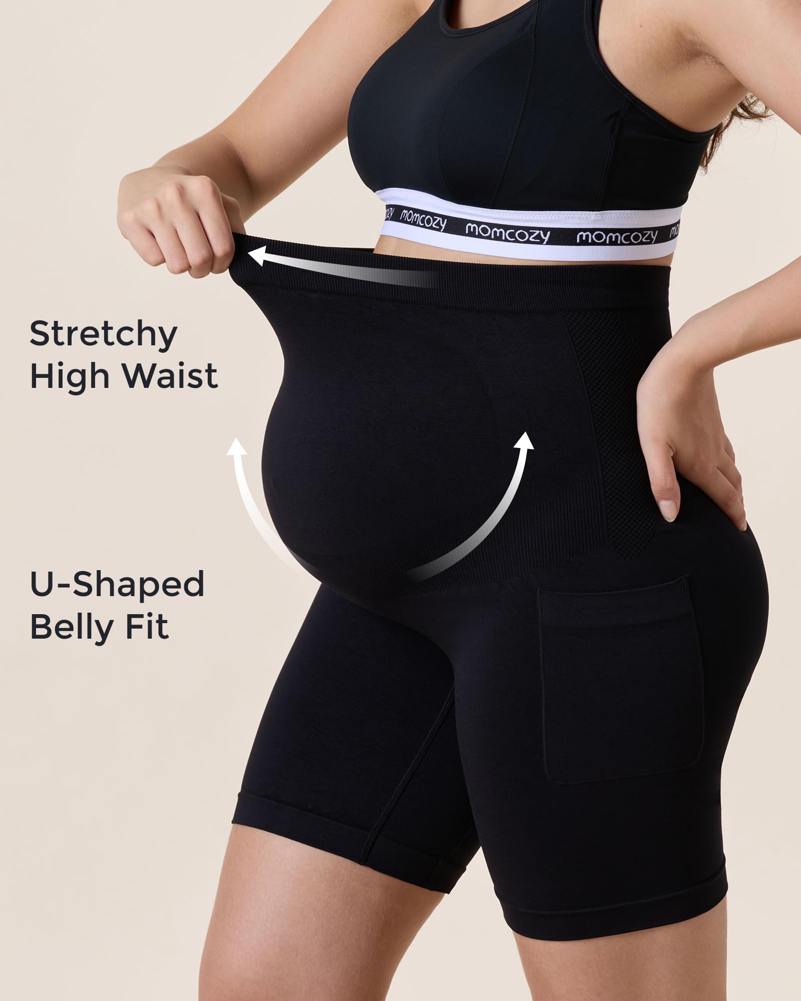 momcozy-women-seamless-knit-maternity-biker-shorts-with-pocket-6-over-belly-high image 4