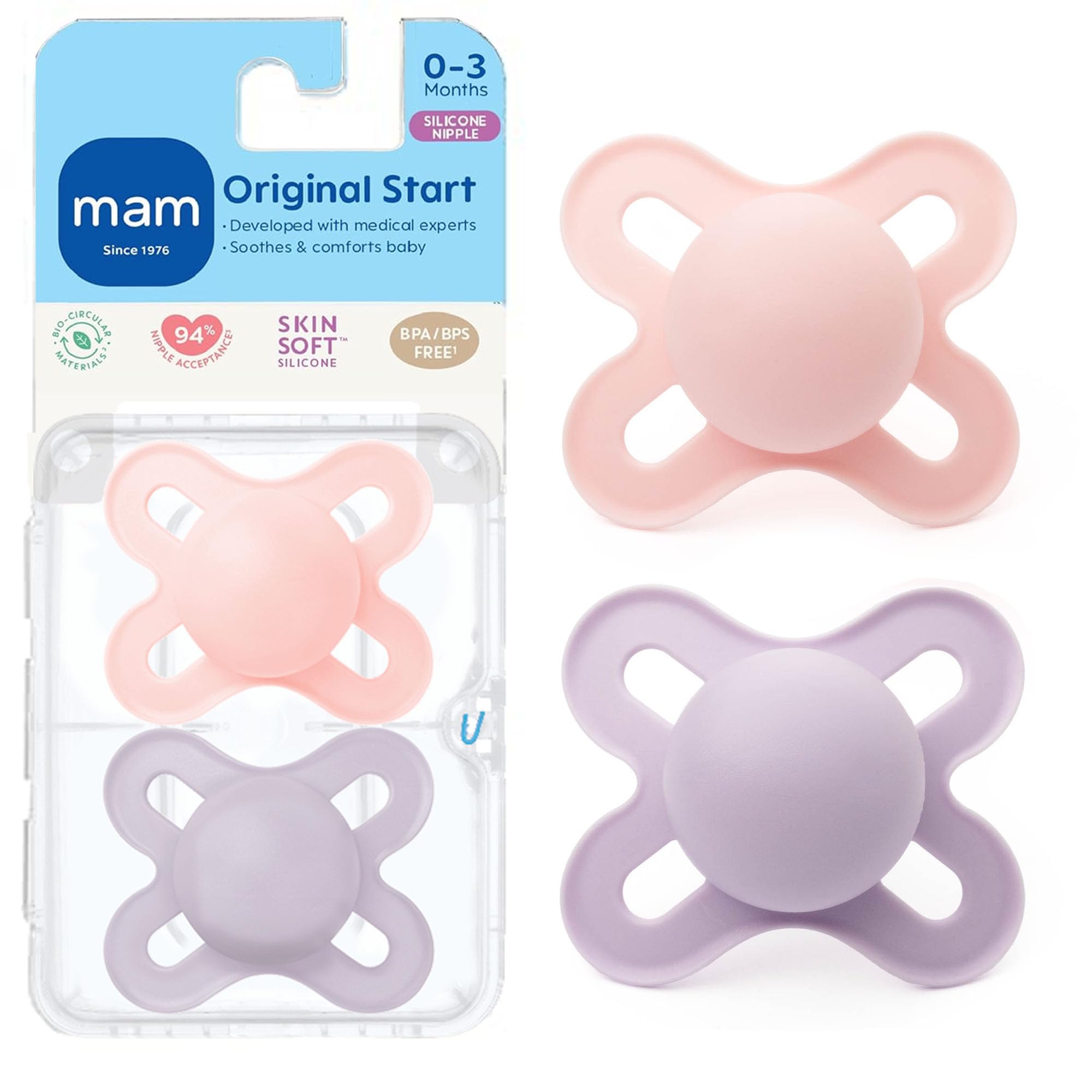 mam-original-start-matte-baby-pacifiers-0-3-mths-2-pack-with-sterilizer-case-bpa image 1