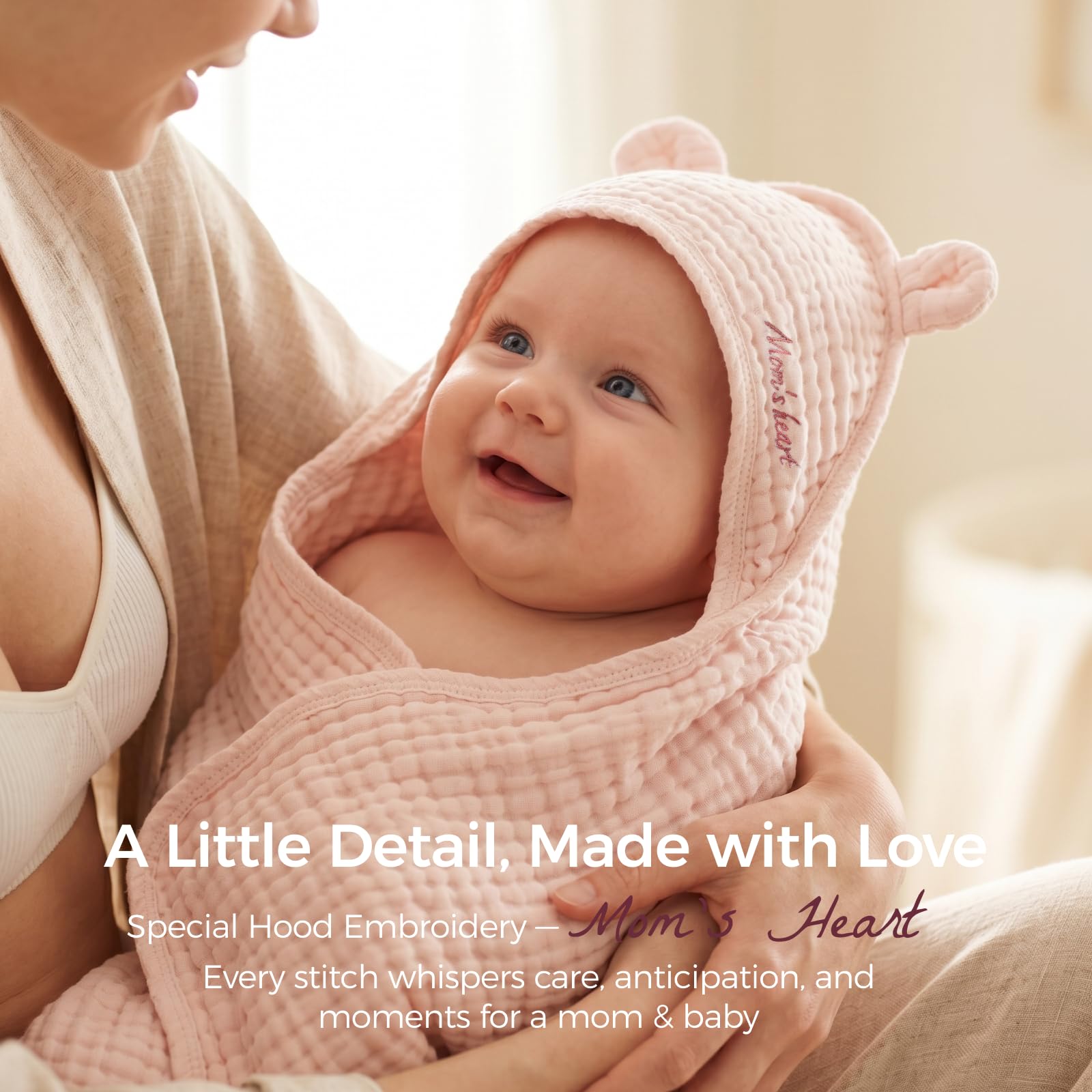 momcozy-baby-towels-6-layer-100-cotton-muslin-hooded-baby-towel-set-for-newborn- image 6