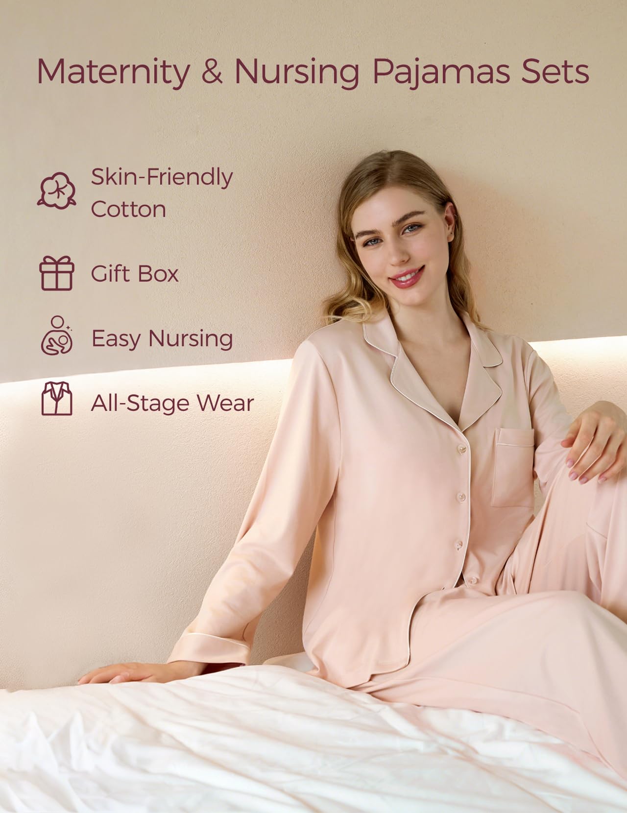 momcozy-postpartum-nursing-pajama-set-2-piece-long-sleeve-v-neck-button-down-cot image 2