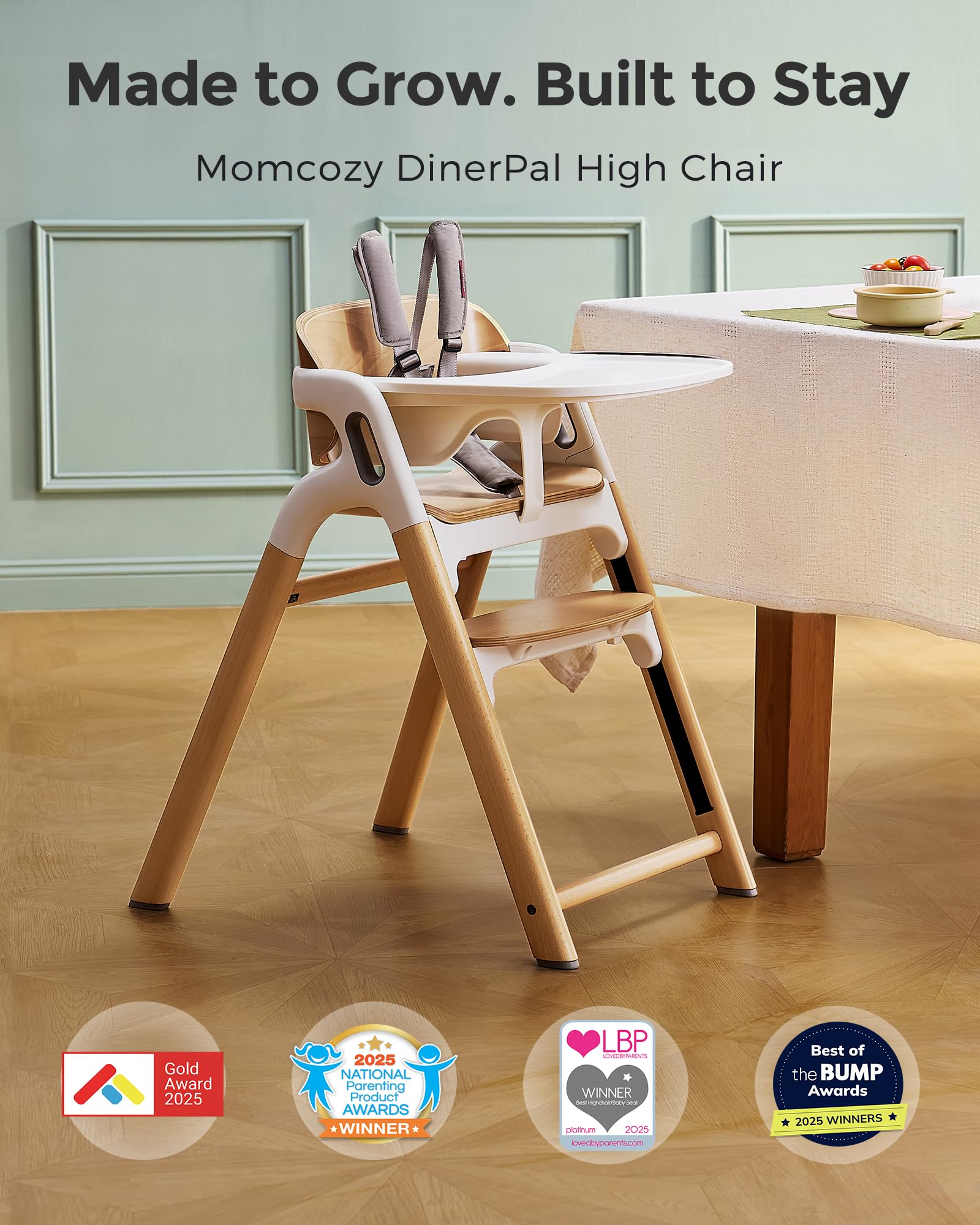 momcozy-dinerpal-wooden-high-chair-5-in-1-convertible-baby-highchair-to-adult-ch image 2