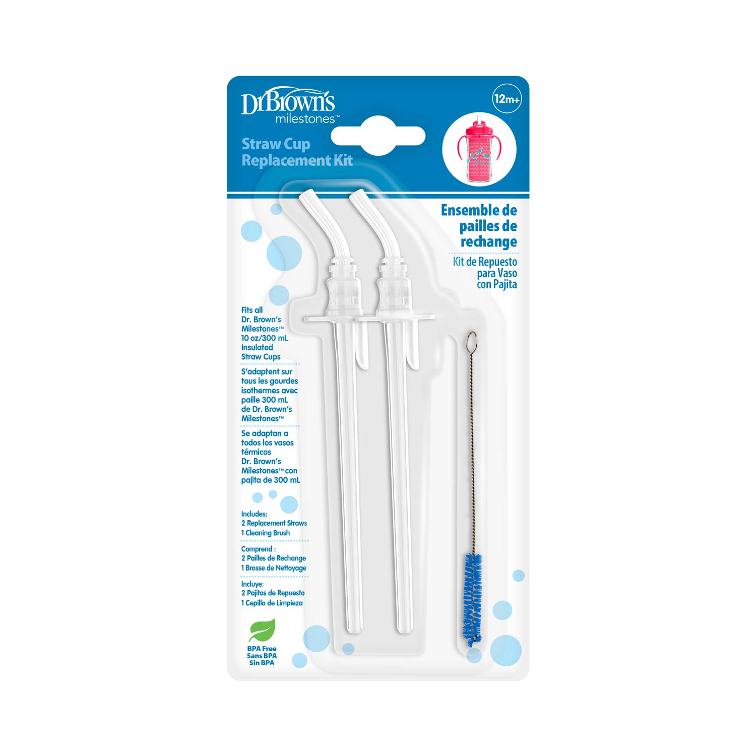 dr-brown-s-milestones-insulated-straw-cup-replacement-kit-2-straws-brush image 1