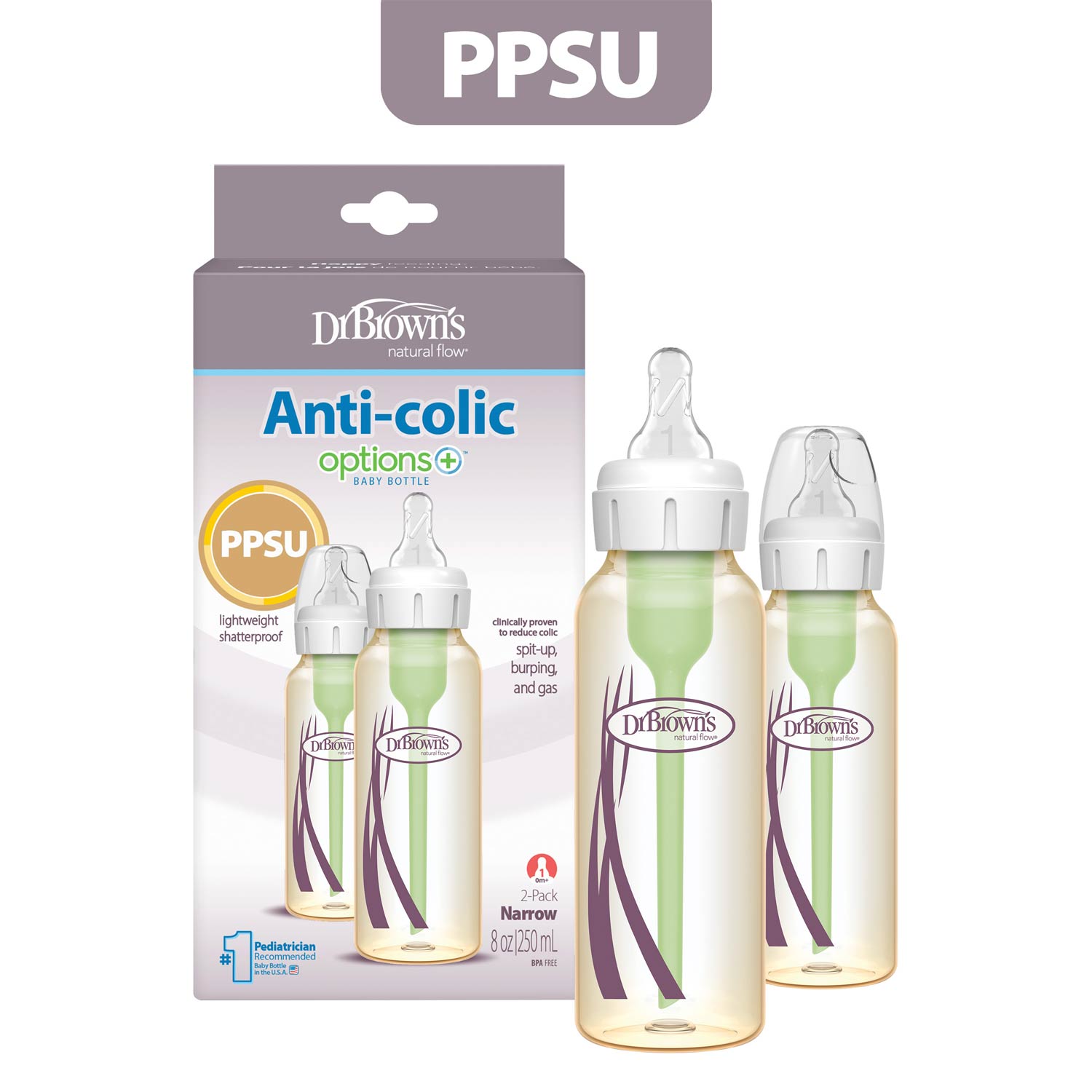 dr-brown-s-natural-flow-anti-colic-options-narrow-ppsu-baby-bottle image 2